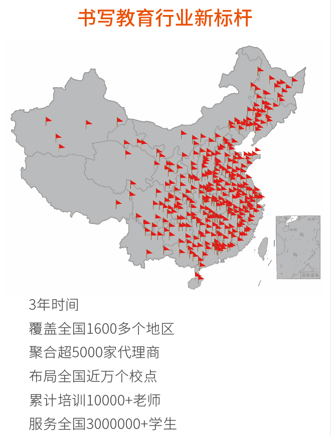 3年时间覆盖全国1600多个地区聚合超5000家代理商布局全国近万个校点累计培训10000+老师服务全国3000000+学生