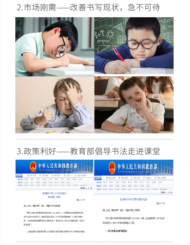 市场刚需——改善书写现状,急不可待政策利好——教育部倡导书法走进课堂