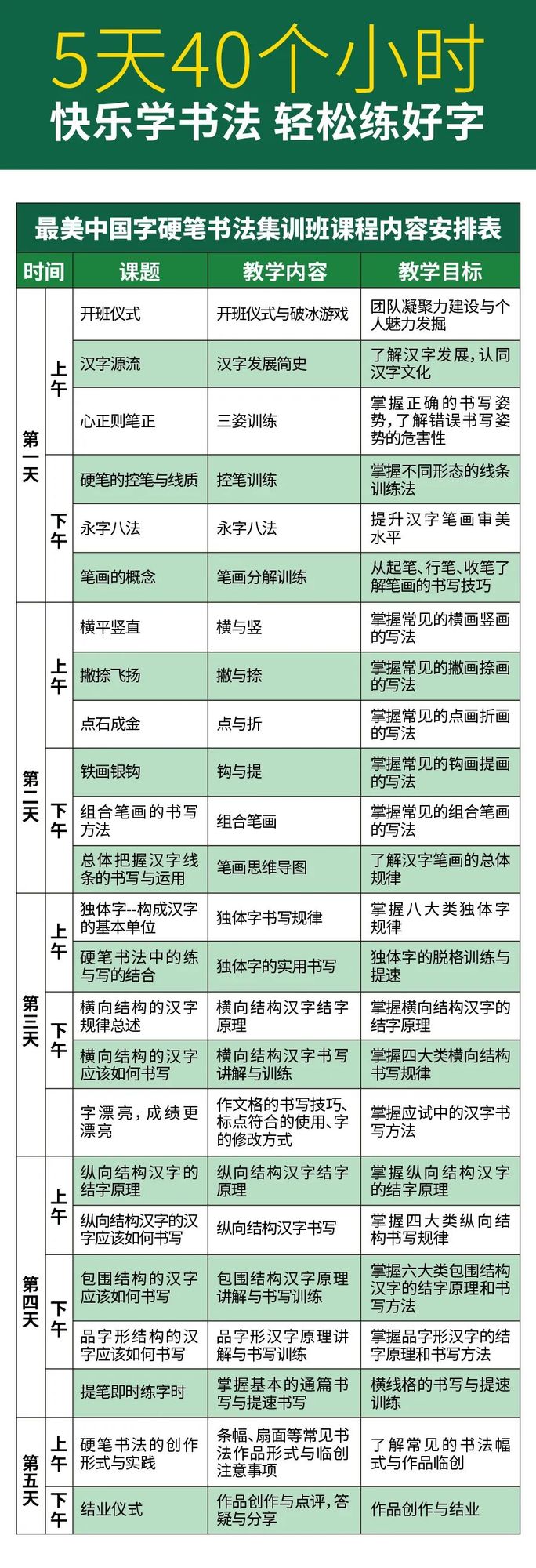 最美中国字硬笔书法5天集训课程表
